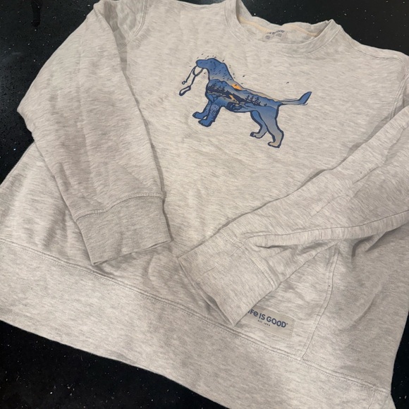 Life Is Good Heather Gray Sweatshirt with Blue Dog Design Macro Micro Dogscape - Picture 5 of 8